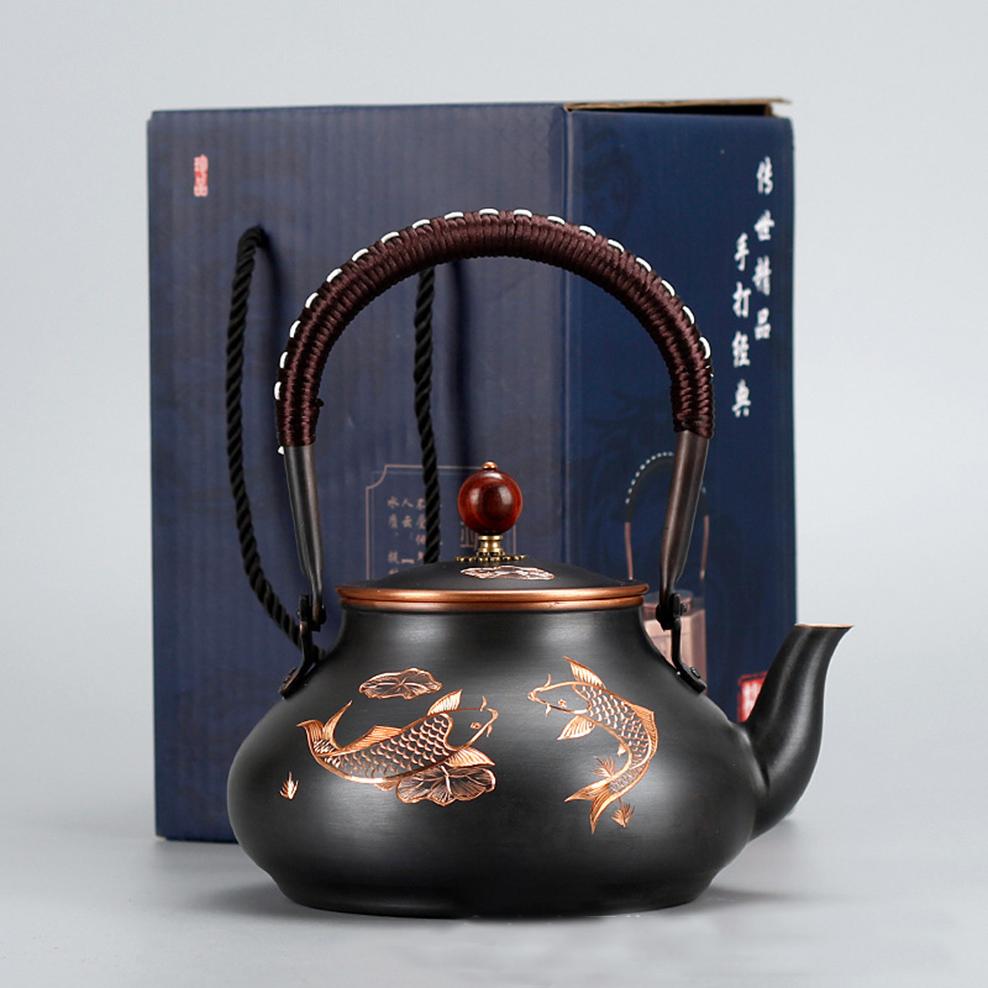 1300ML Red Copper Teapot Uncoated Roasted Black Pure Copper Boiling Water Kettle Retro Style Kung Fu Tea Set