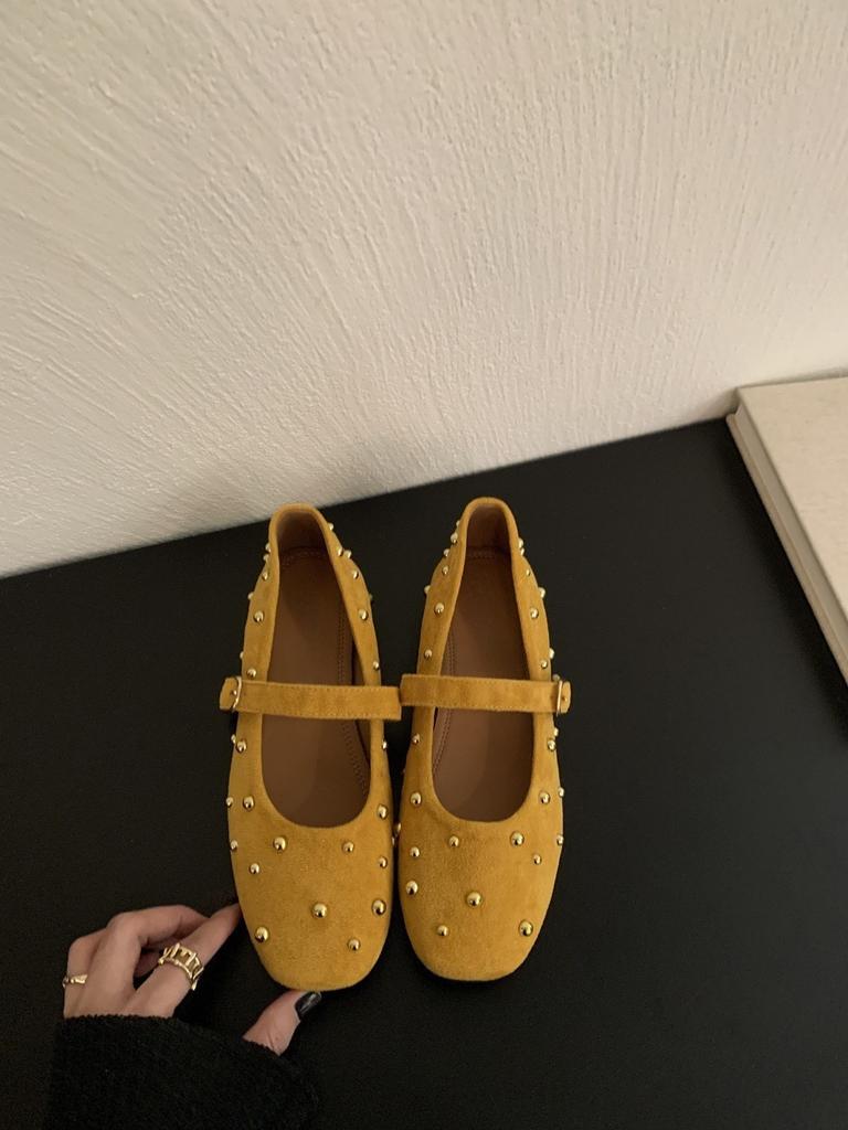 Nitaröd Mary Jane-sko dam ny fyrkantig tå låg urringning enkla skor platt sula med små läderskor