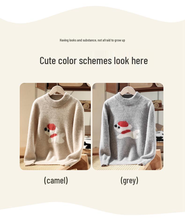 Unisex Sweter Dziecięcy z Czystej Wełny z Haftem Kreskówkowym Szczeniaka - Jesień/Zima Nowy Siedmiu-Igłowy Pogrubiony Warstwa Bazowa
