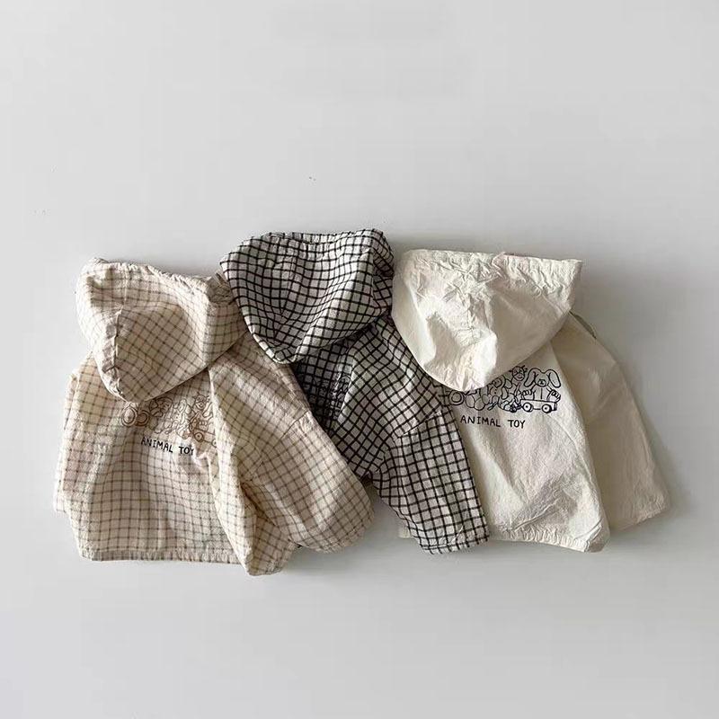 Spring Summer Girls Fashion Cartoon Sun Protection Clothing Hooded Loose Outwear Coat for Kids Boys Plaid Thin Cardigan