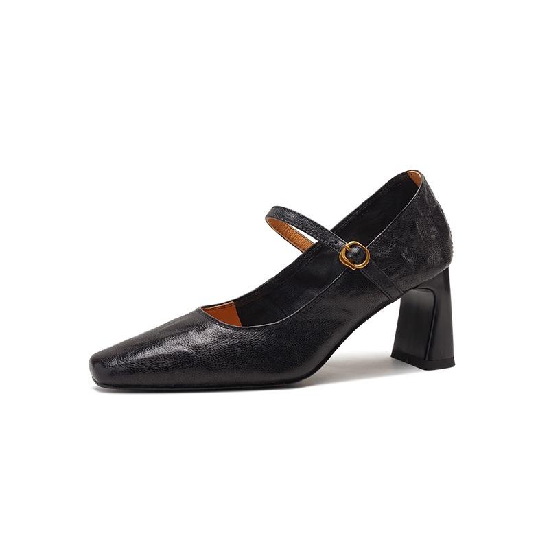 Soft sheepskin black high heels 2025 spring and autumn new French retro thick heel with Mary Jane shoes women's single shoes