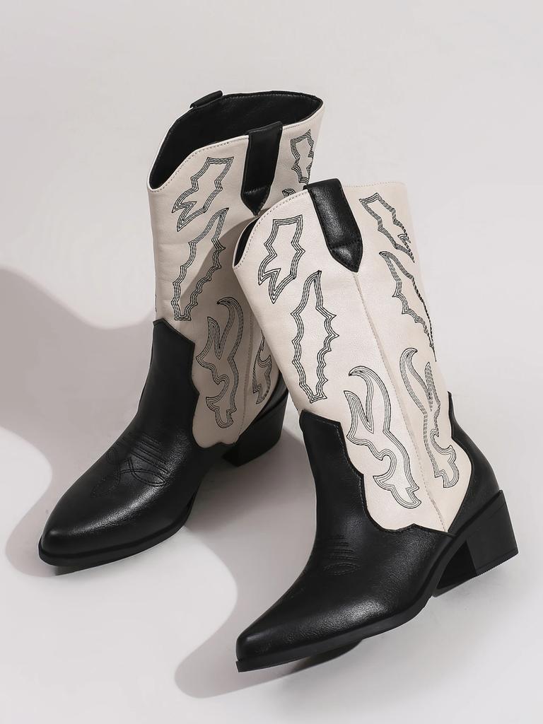 Cizme de damă din piele brodate natural cu toc ascuțit toamnă/iarnă Cizme de cowboy noi Western Vintage pentru exterior