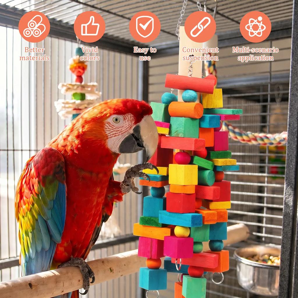 Parrot Toy Wooden Bird Chew Toy with Hook Multicolored Parrot Chewing Toy Birdcage Accessories Pet Supplies for Macaw Cockatoo