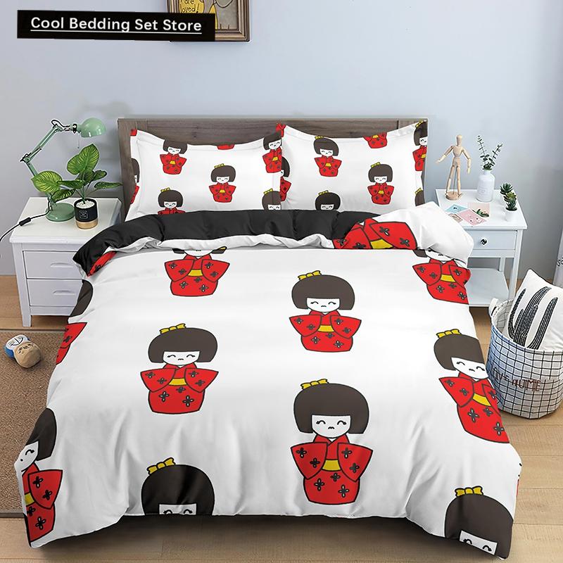 Bettbezug mit japanischer Puppe, bedruckt, King-Queen-Bett, Cartoon-Glückskatze, Bettwäscheset für Kinder und Mädchen, Fan, weiß, 2/3-teilig, Polyester-Bettbezug