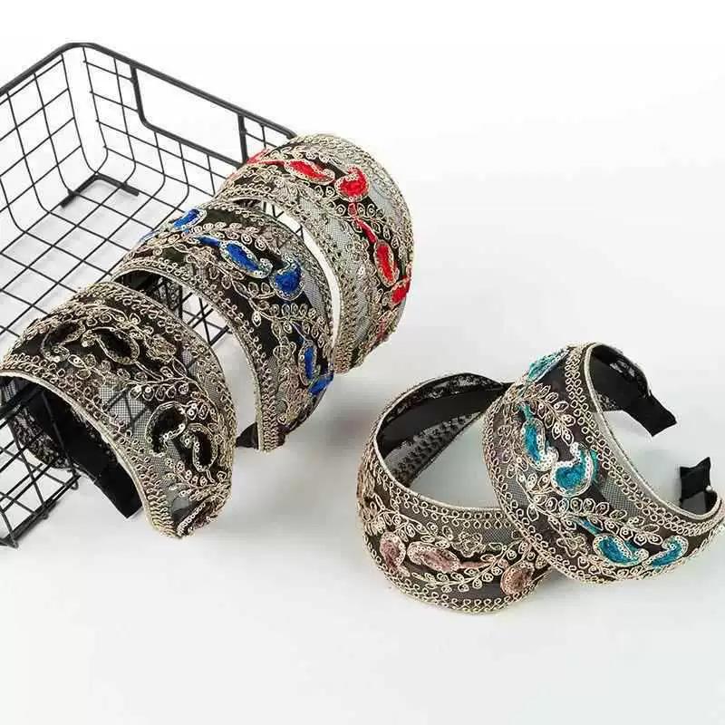 1PC Hollow Lace Flowers for Women Girls Sequins Bezel Headdress Wide Edge Fashion Headband Hair Hoop with Tooth