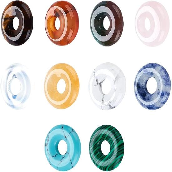NBEADS 10 Pcs 10 Styles Natural Donut Gemstone Charms, 17.5mm Flat Round Mixed Natural and Synthetic Donut Stone Beads Pendants Natural Stone Pendant