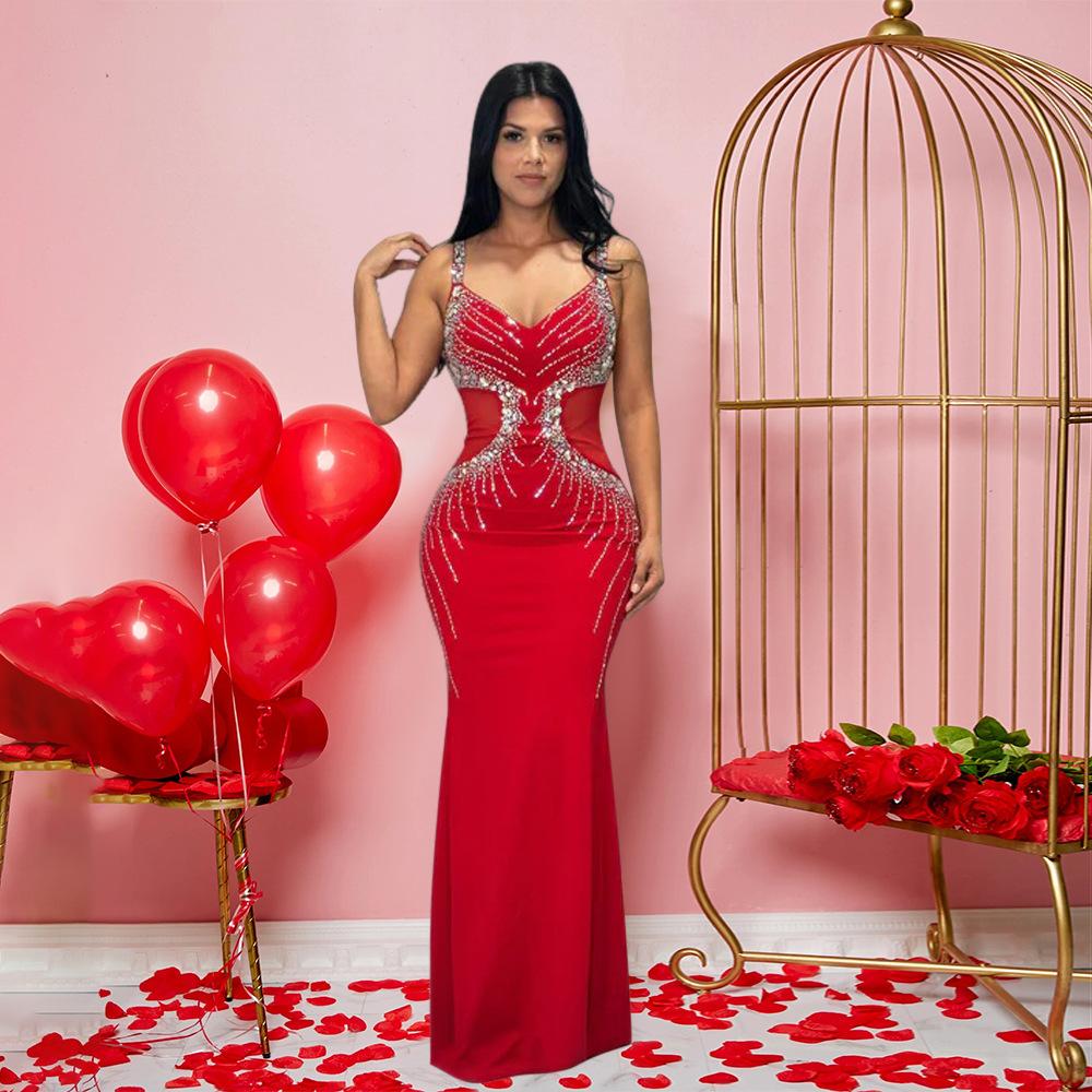 CY901111 European and American new models, sexy suspender V-neck long dress, slim-fitting hot diamond hip dress
