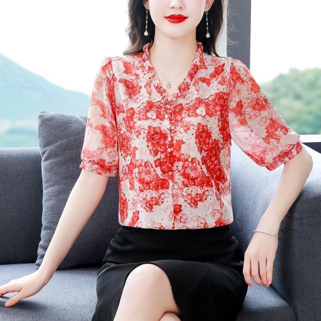 Mamas Blumen-Chiffon-Hemd, Sommer, neue halblange Bluse, Damenmode, V-Ausschnitt, bedrucktes Oberteil, M-4XL