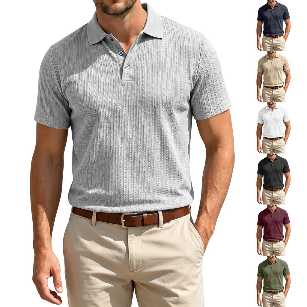 Men's Summer Knit Jacquard Stretch Texture Casual Short Sleeve Polo Shirt Lightweight Breathable Fabric Classic Fit