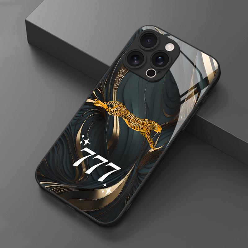 Gold Leopard Print Digital 7 Glass Phone Case Suitable for iPhone 17 16 15 14 13 12 11 Pro/Max/Plus Anti Drop and Shockproof