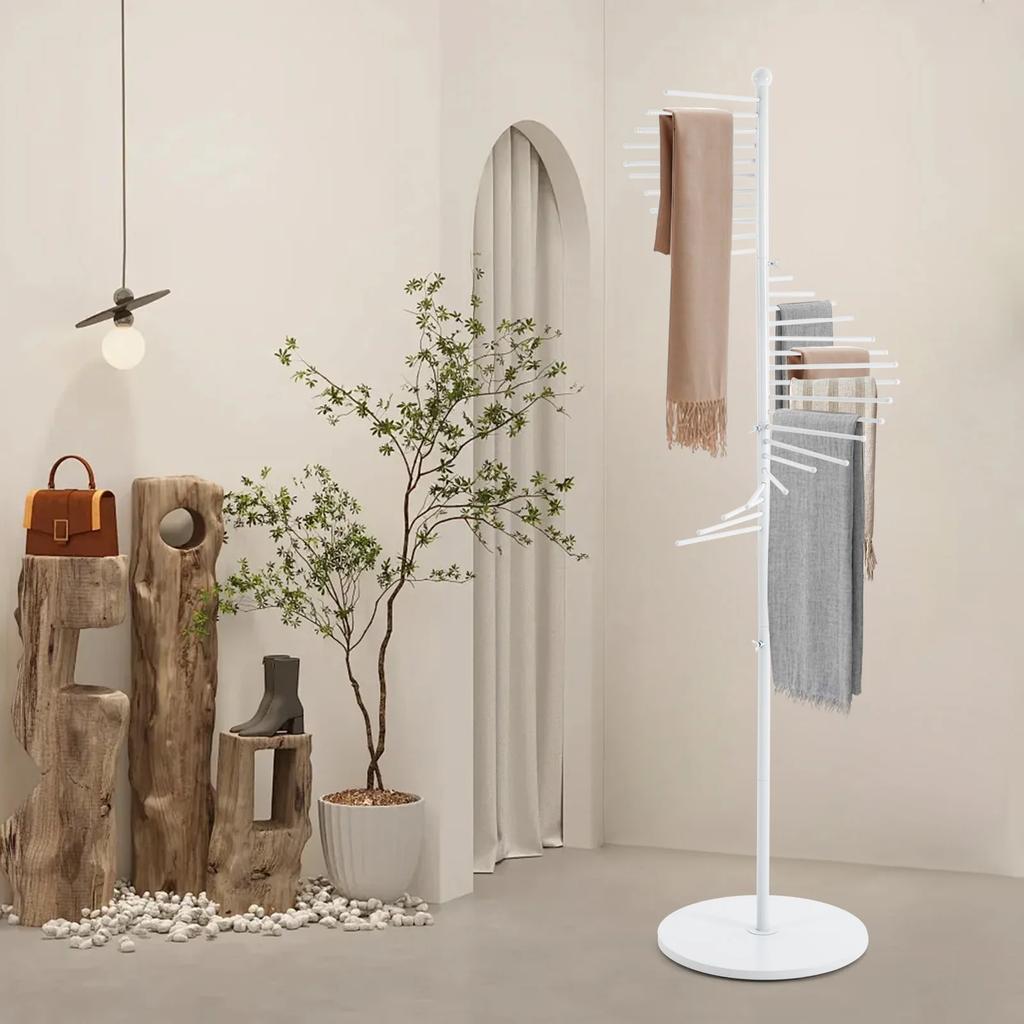 Modern White 5.58ft Floor Standing Spiral Scarf Display Rack, Adjustable Height Multi-Tiered Hanging Organizer for Scarves, Ties