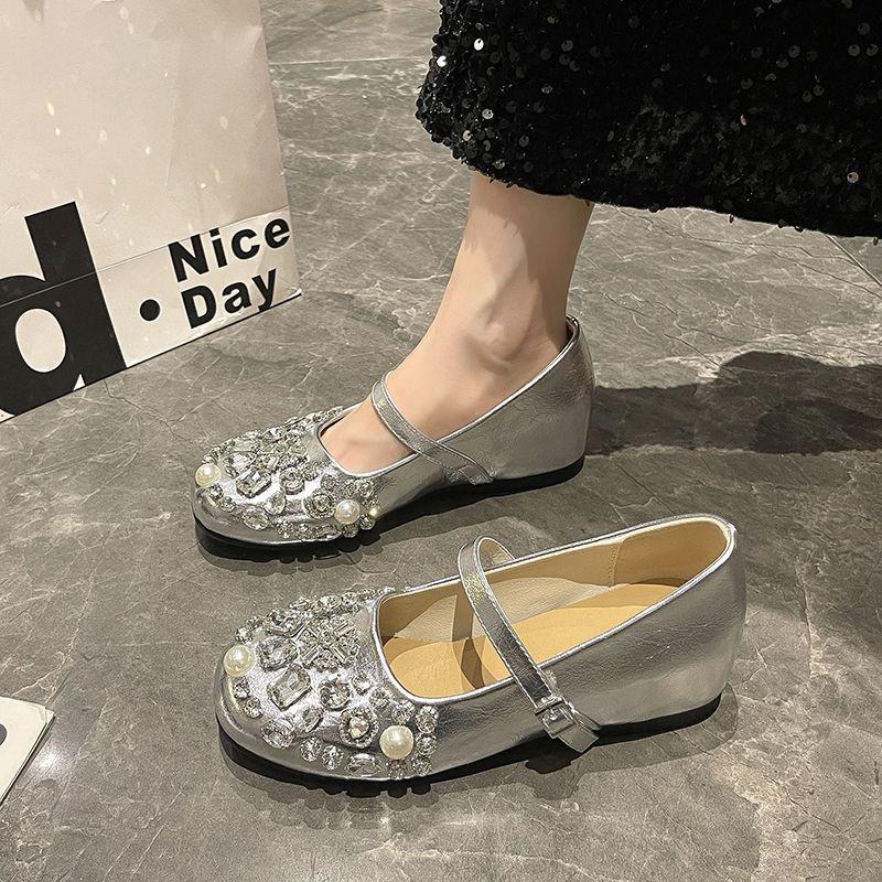 French Fairy Style Silver Bright Diamond Mary Jane Shoes Female Inner Height Increase Word with Round Head Ballet Shoes Beautiful Single Shoes