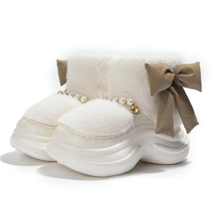 

Mingsheng 2025 зима новые хлопковые туфли с бантом верхняя одежда домашние флисовые утолщенные теплые мягкая подошва пух универсальные 36/37 fits (35/36 feet) белый