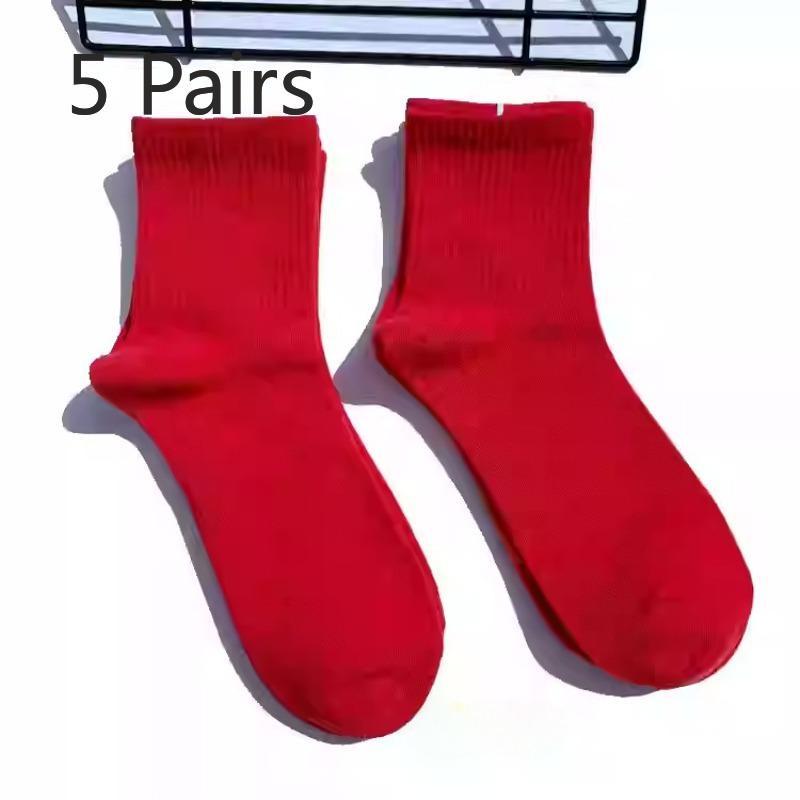 5 Pairs of Tide Solid Colour College Style Sports Mid-calf Cotton Socks Men and Women Couples Short Socks