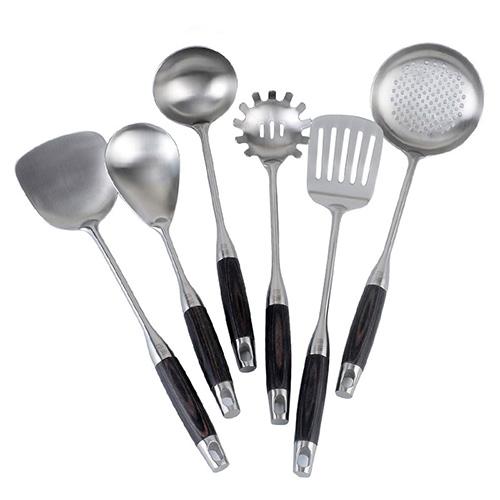 

6/7Pcs Kitchen Utensil Set 304 Stainless Steel Cooking Tools with Wooden Handle, Turner Soup Spoon Strainer Pasta Server