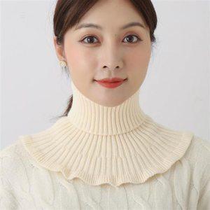 

False Neck Scarf Detachable Warm Neckerchief Woolen Knitted Solid Color Ruffle Scarf Ruffle Edge Knitting Warmer Neck Collar белый