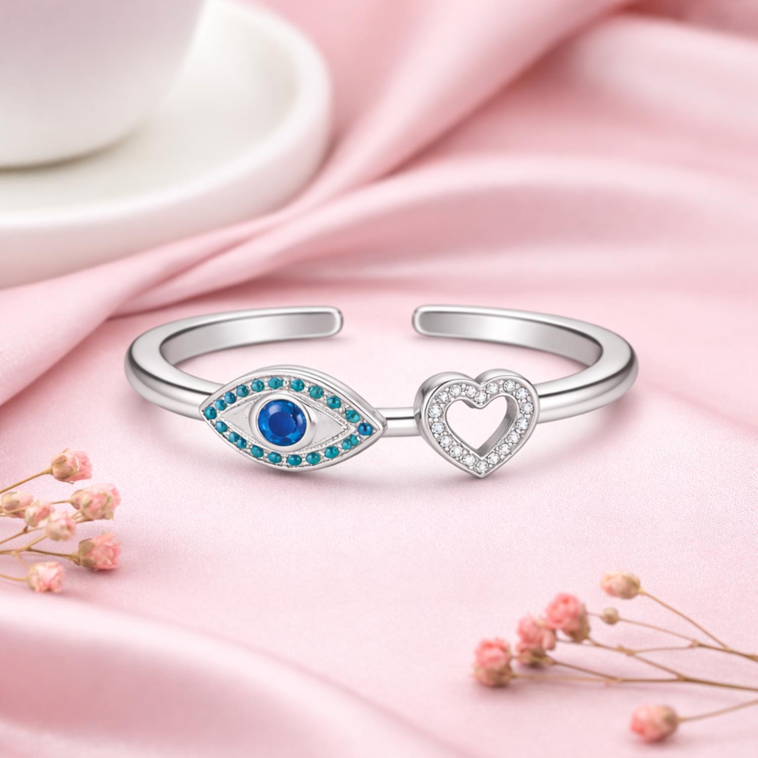 Evil Eye & Heart Open Adjustable Ring – 925 Sterling Silver 7 белый