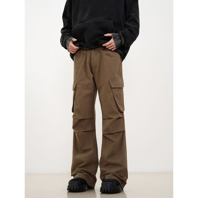 Kisko Niche American-Style Pleated Paratrooper Off-White Cargo Pants for Men and Women with Multiple Pockets, Loose Straight-Leg Casual Pants