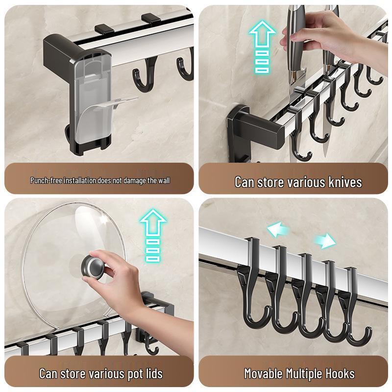Black Traceless Adhesive Kitchen Storage Rack: Punch-Free Wall-Mounted Pot Lid, Knife Holder, Multi-Functional Hooks