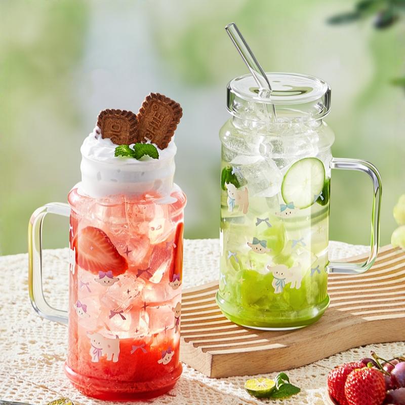 1080ml Große Kapazität Strohhalmbecher Glasbecher mit Deckel - Eiskaffeebecher, Wiederverwendbarer Trinkbecher für Kaffee, Tee, Eiskaffee Americano