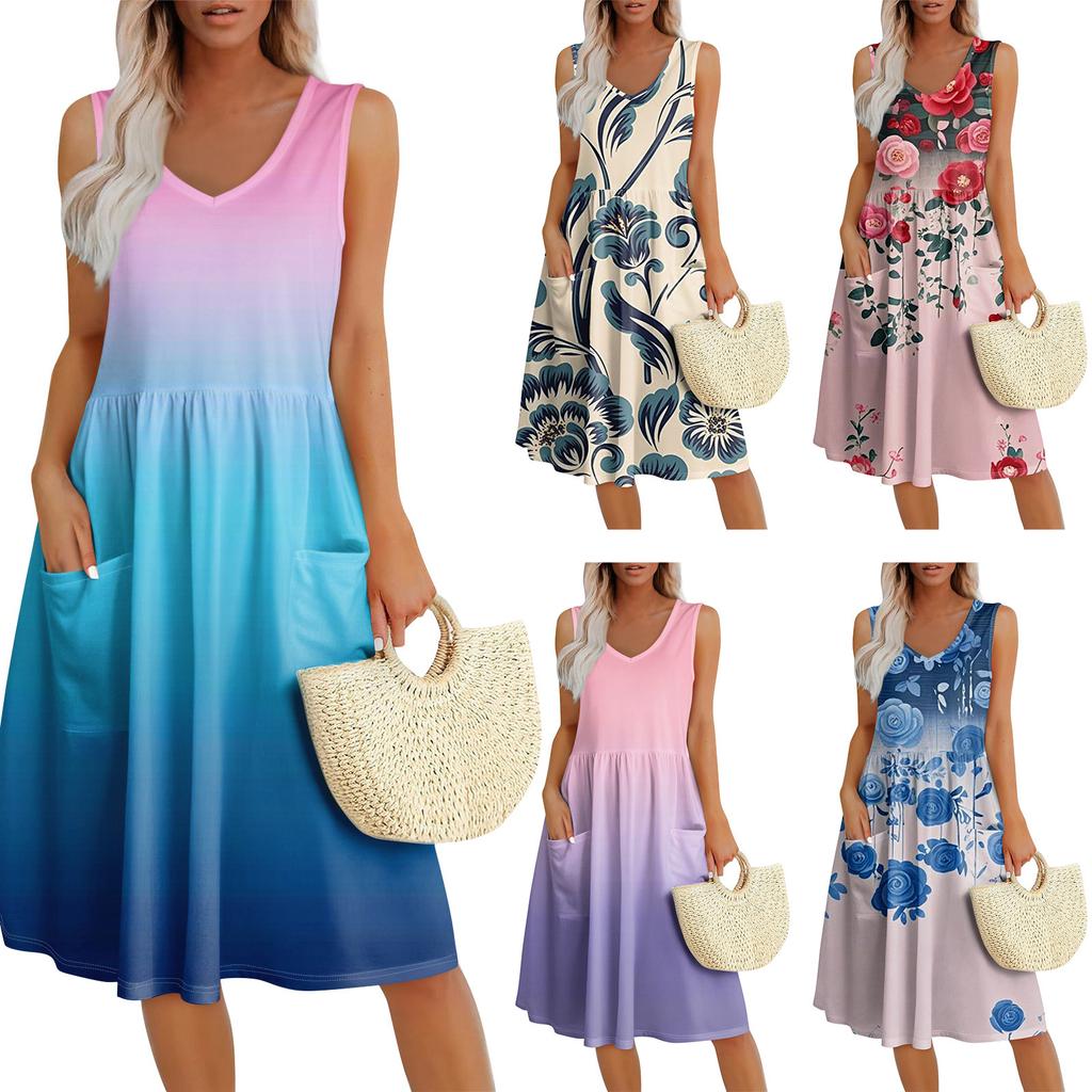 Summer Casual Midi Dresses For Women Vocation Elastic Waist Sleeveless Knee Length Sundress With Pockets Loose Fit