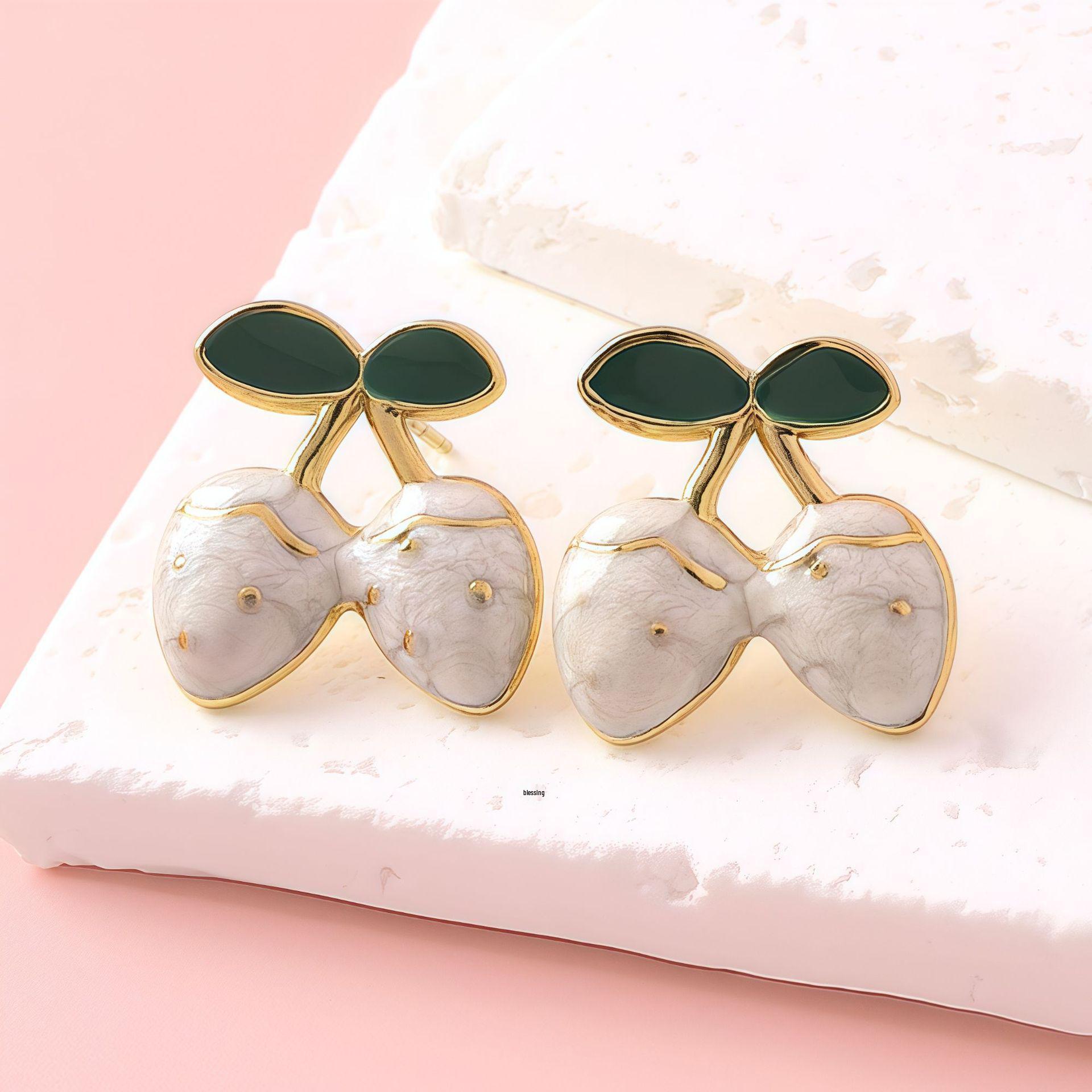 

Sweet Fruit Drip Oil Strawberry Cherry Stainless Steel Stud Earrings Fashion Jewelry