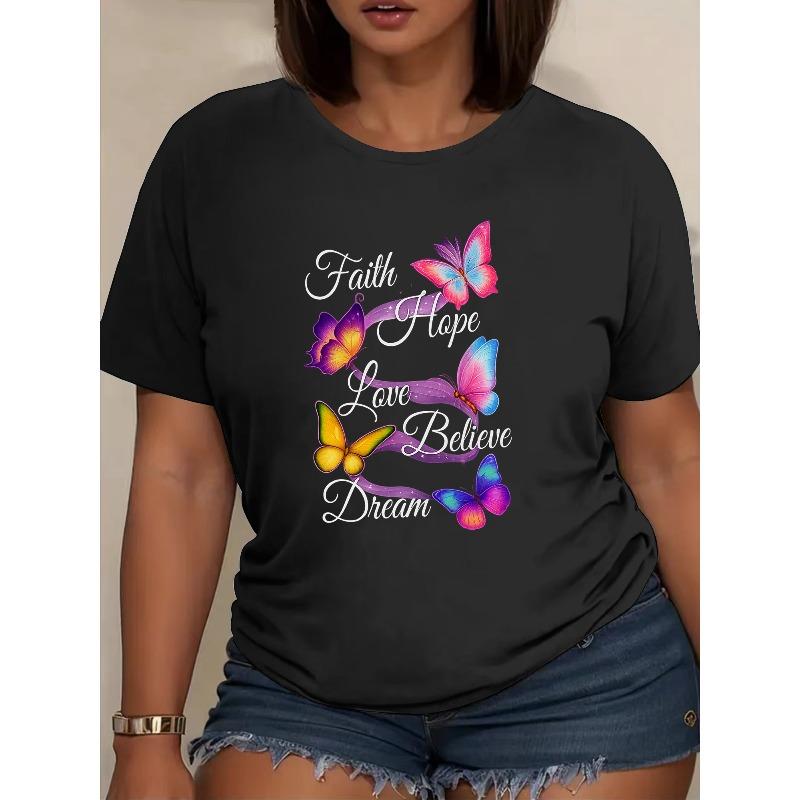 

Women Butterfly Floral Print T-Shirt Round Neck Short Sleeve Loose Fit Spring Summer Fall Fashion Top 4XL чорний
