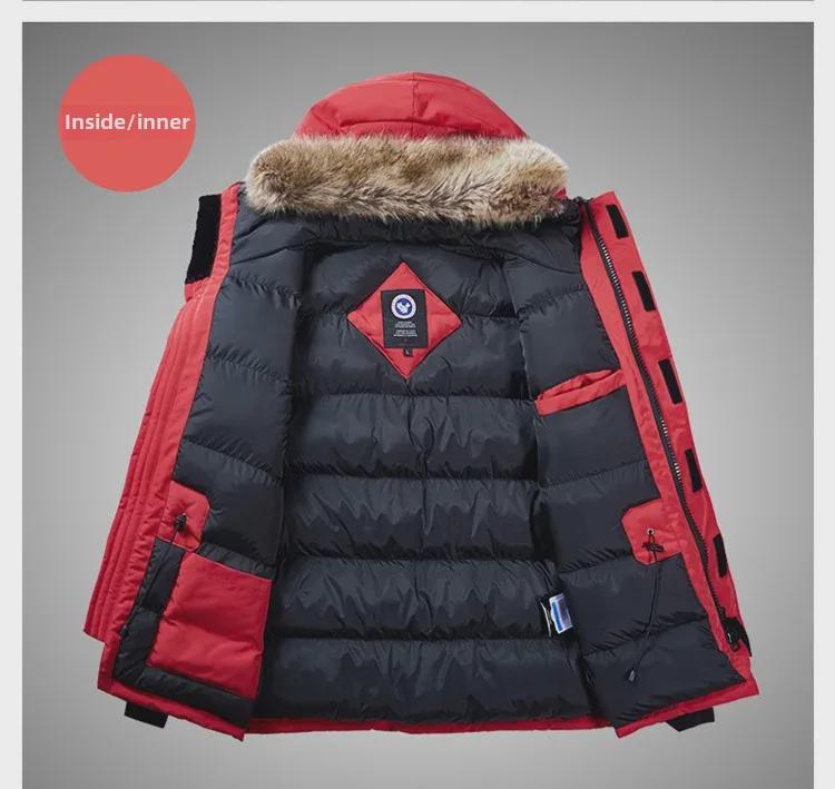 Men's Large Hooded Goose Down Jacket with Fur Collar, Outdoor & Winter Warmth