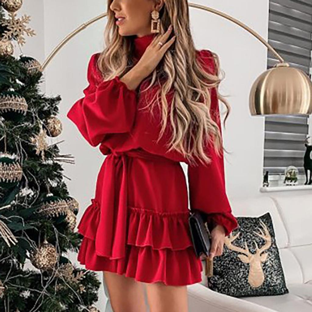 Women's Casual Solid Color New Long Sleeve Solid Color Loose Ruffle Dress