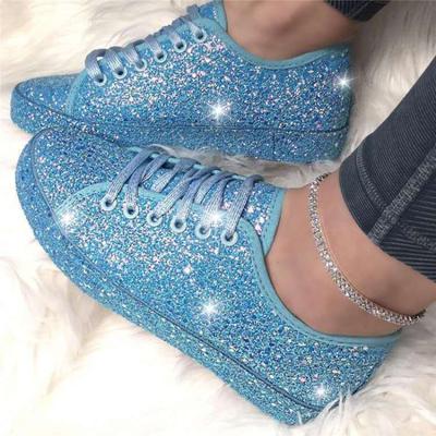 Plus Size 35-43 Sequin Platform Trainer Sneakers Flats Shoes Comfortable Shoes for Women Lace Up Casual Zapatos De Mujer