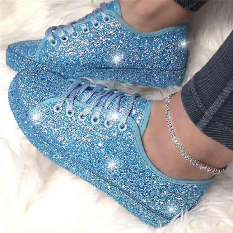 Plus Size 35-43 Sequin Platform Trainer Sneakers Flats Shoes Comfortable Shoes for Women Lace Up Casual Zapatos De Mujer