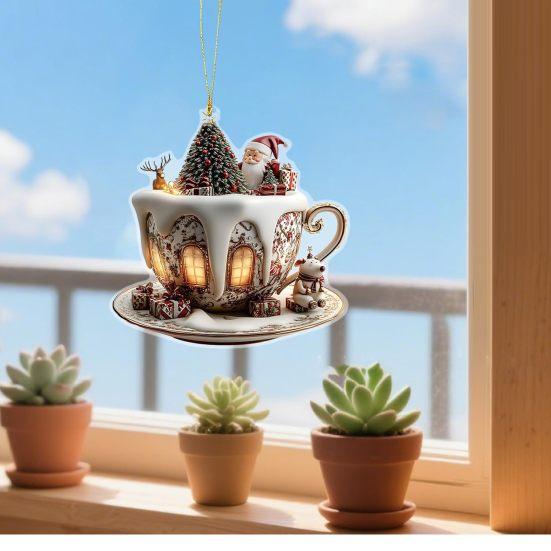 Yousheng 4 Pcs 2D Acrylic Christmas Ornament Cup Shaped Hot Cocoa Hanging Ornaments Snow Village House Xmas Tree Decoration for Tree Car Decor
