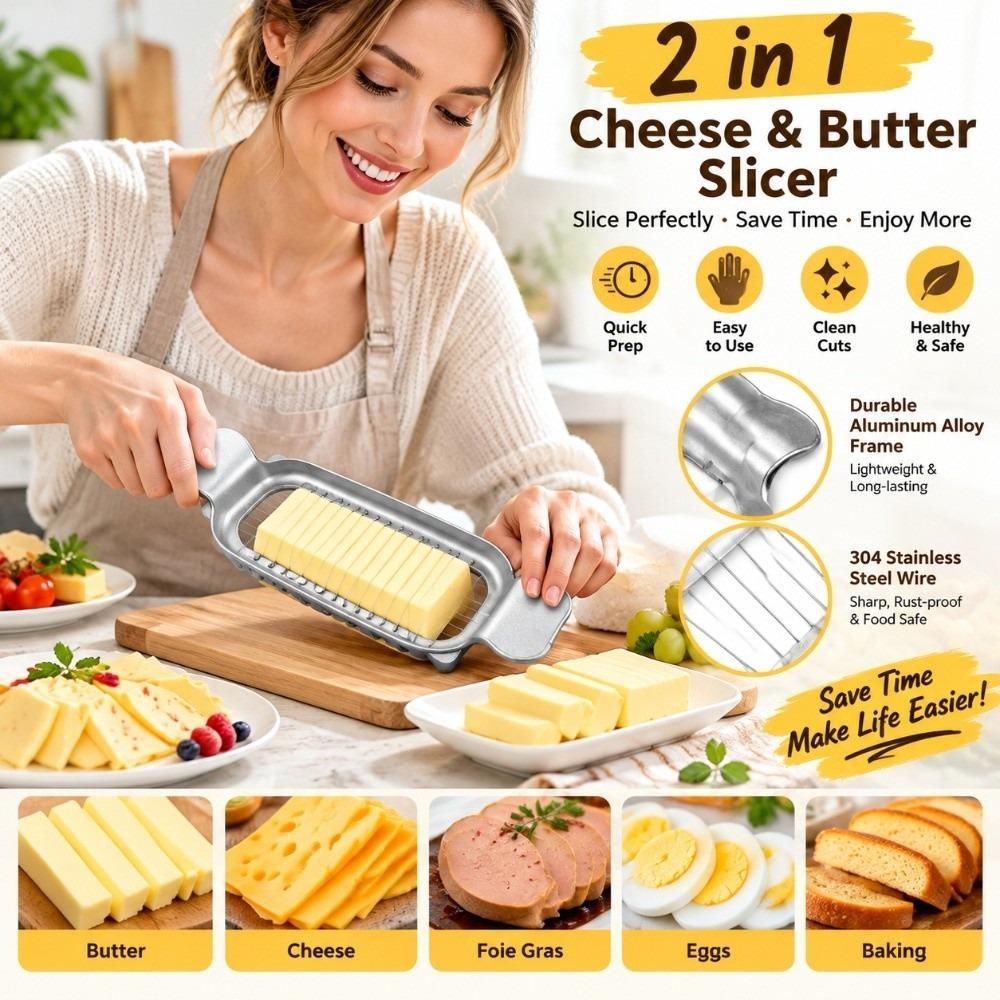 Stainless Steel Butter Slicer & Cheese Cutter 2-in-1 Cheese Slicer Wire Butter Slicer  Quick Prep