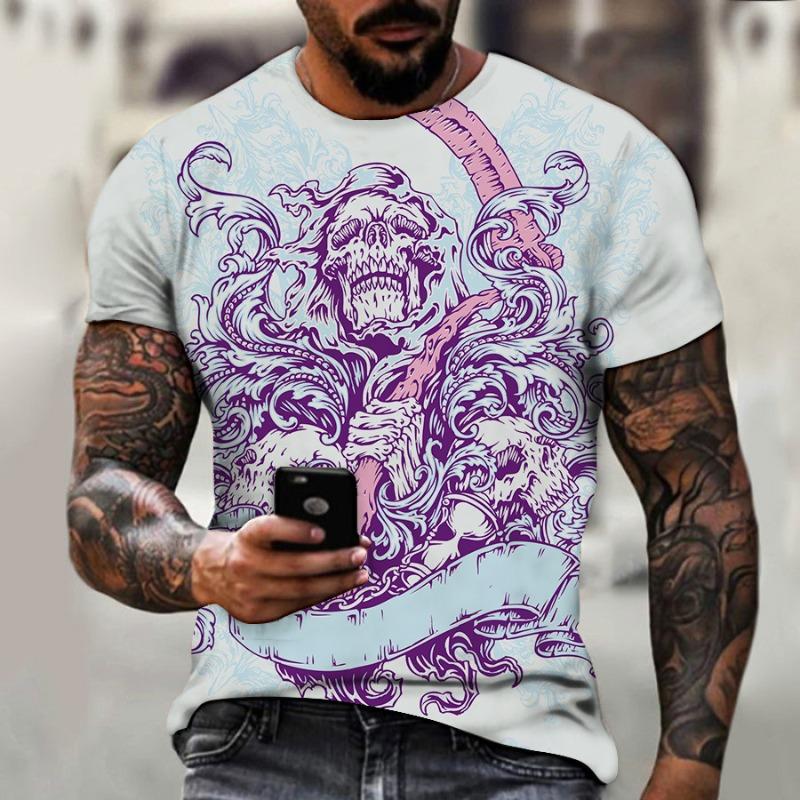 Men's 3D Printed T-Shirt Colorful Skull Pattern Print Short Sleeve O-Neck Pullover Casual Top