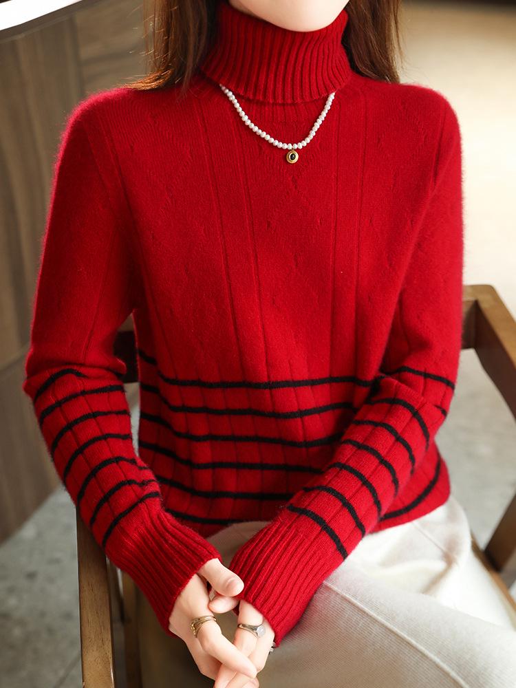 2026 A/W Women's High Neck 100% Wool Patchwork Sweater - Thick, Slim Fit, Versatile Knitwear