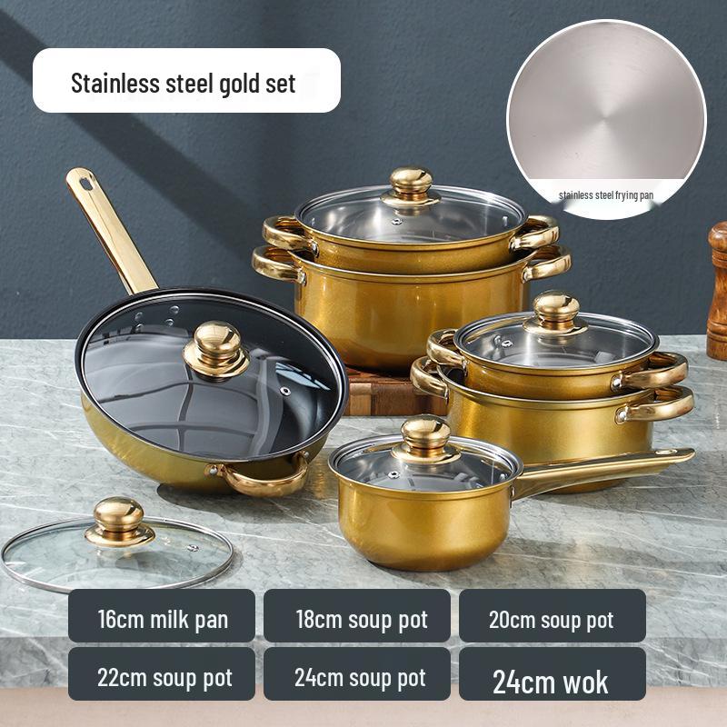 12dílná nepřilnavá sada nerezového nádobí se zlatě pokovenými rukojeťmi