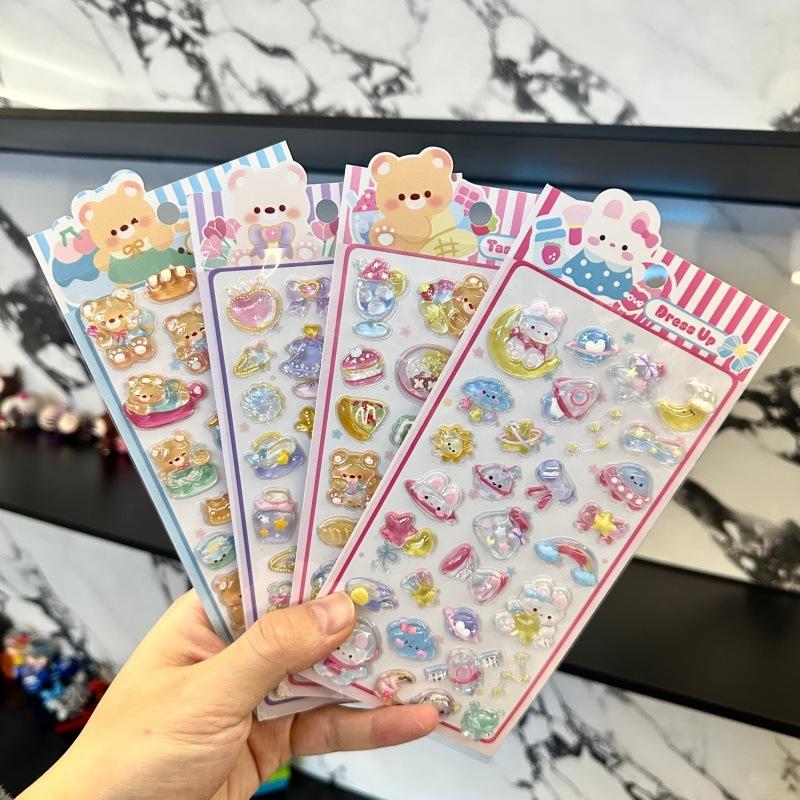 1/4Pcs Cute Bear Rabbit 3D Relief Stickers Cute Aesthetic Stickers Cartoon Creative Stickers Diy Decoration Stickers