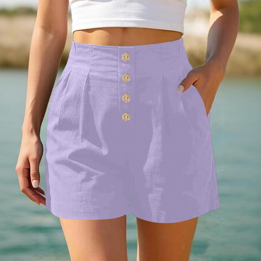 Women High Waist Casual Shorts Button Front Loose Fit Summer Beach Shorts with Pockets for Daily Wear and Relaxed Outings