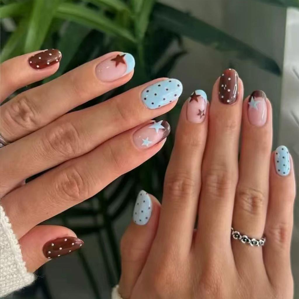 Star Polka Dot Fake Nails 24 Pieces Lightweight Durable Comfortable Wear for Women Manicure