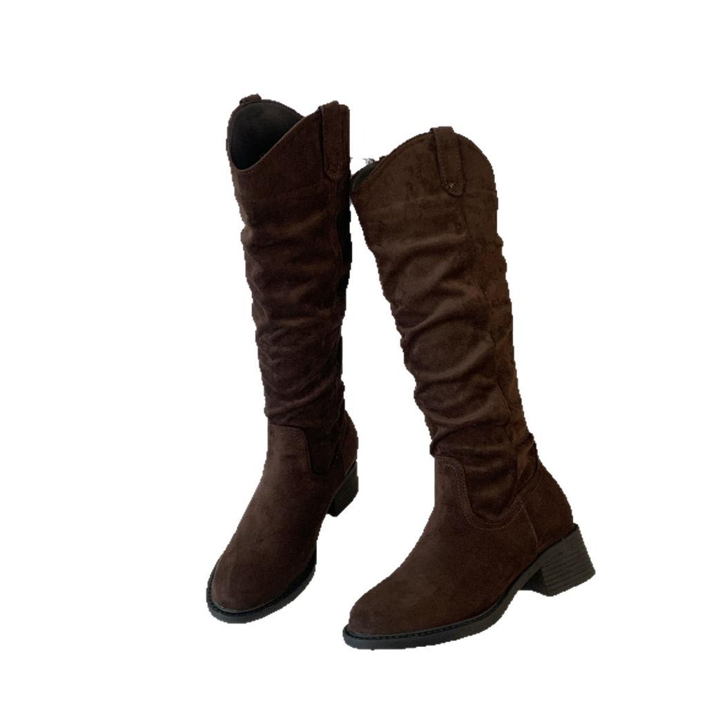 Coarse Heel Suede Khaki Pile Pleated Knight Boots Women's Shoes New Autumn and Winter Long Boots