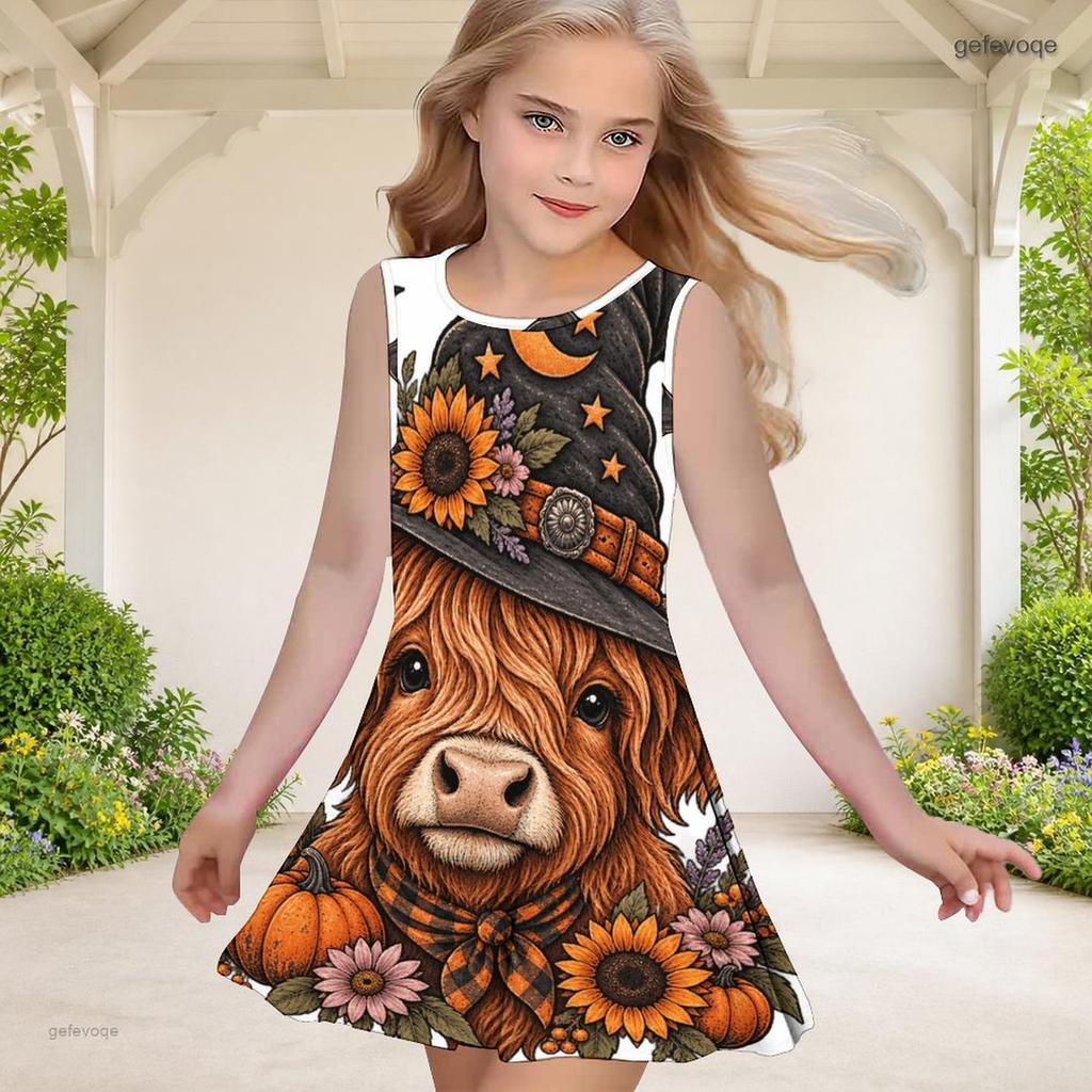 Little Girls Round Neck Sleeveless Printed A Line Flared Hem Dress Cute Bear Pumpkin Pattern