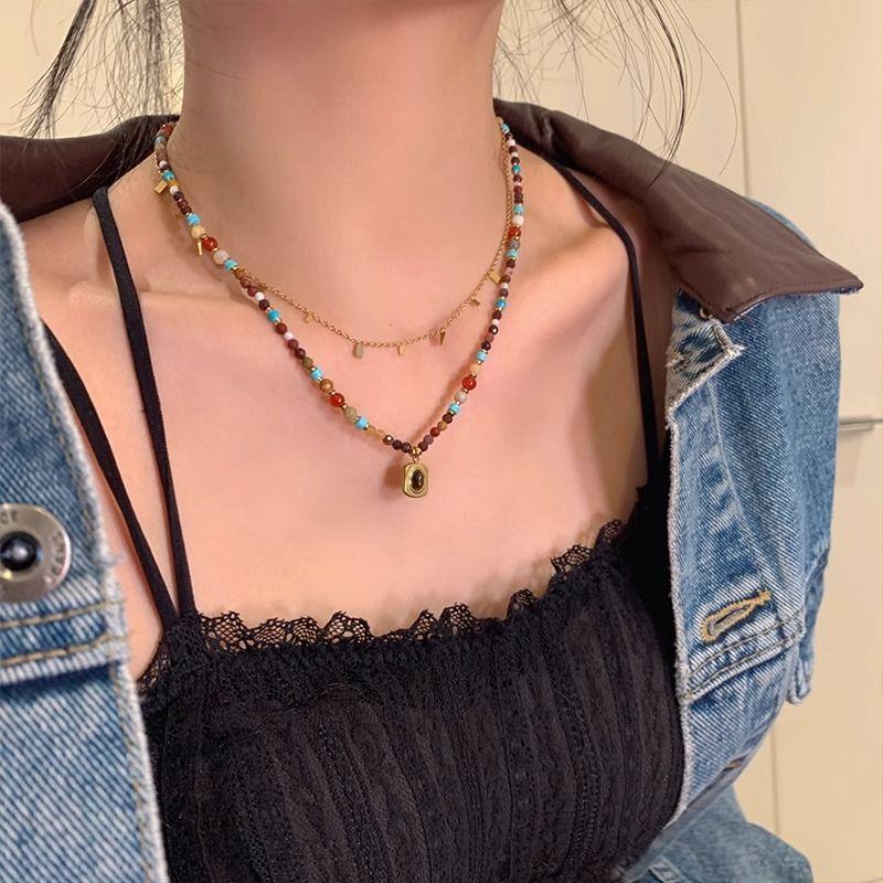 French retro sugar cube colored beaded tiger's eye stone necklace sweet and cool accessories women's exquisite versatile collarbone chain ethnic style