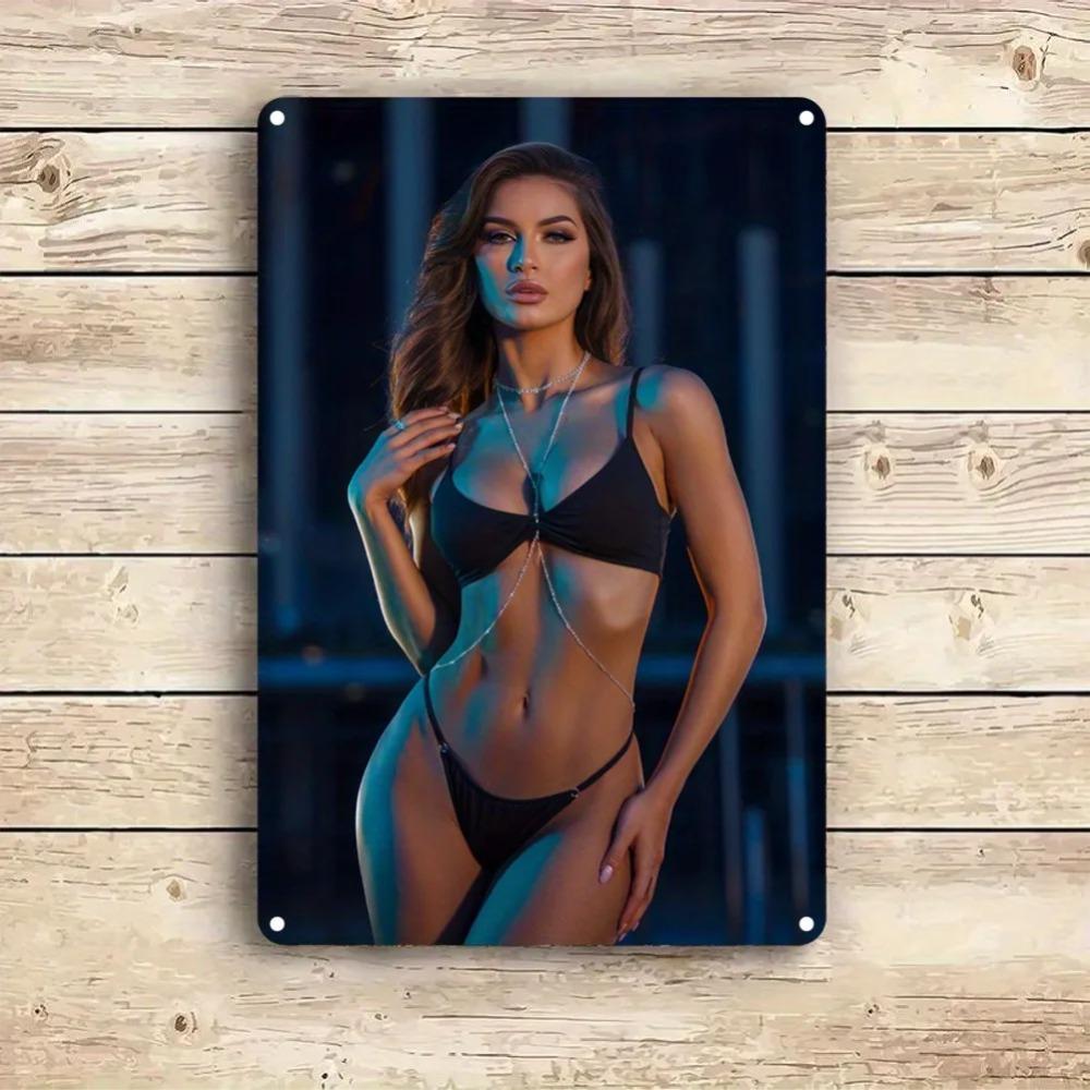 Vintage Aluminum Wall Art Sign 8x12 Inch Retro Lady Black Bikini Chain Detail Durable