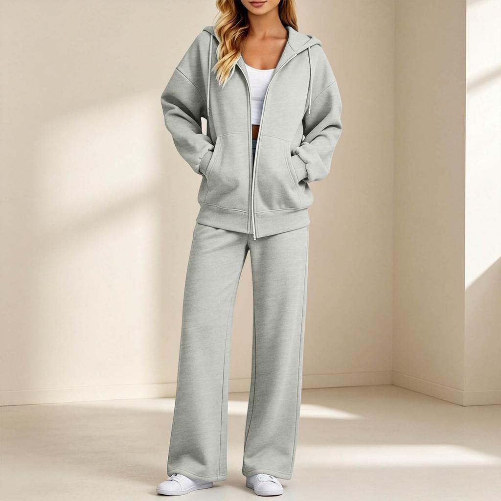 Women's Casual Two Piece Outfit with Zipper Cardigan and Long Pants for Fall Winter