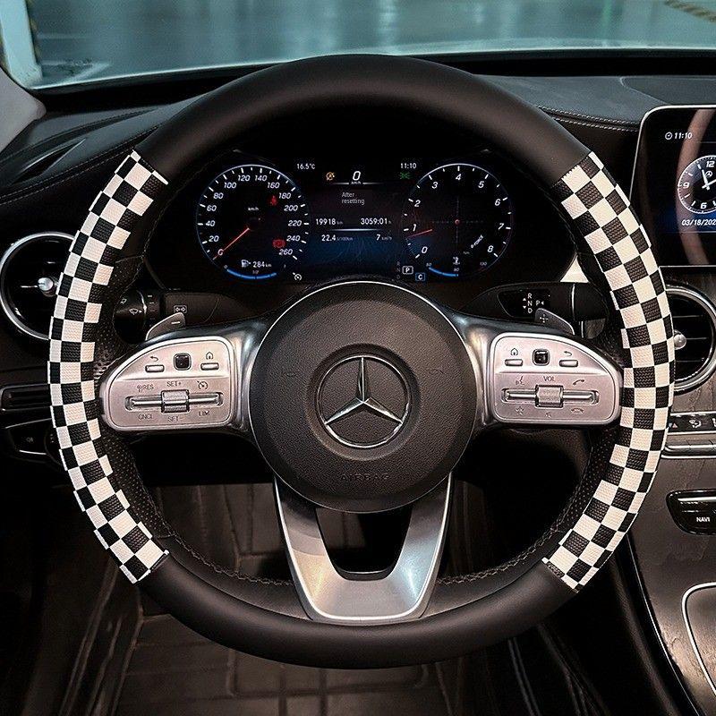 

Checkerboard Pattern Car Steering Wheel Cover Leather Wear-Resistant Anti-Slip Car Steering Wheel Cover Universal for All Seasons Car Accessories Black and White Round 38cm