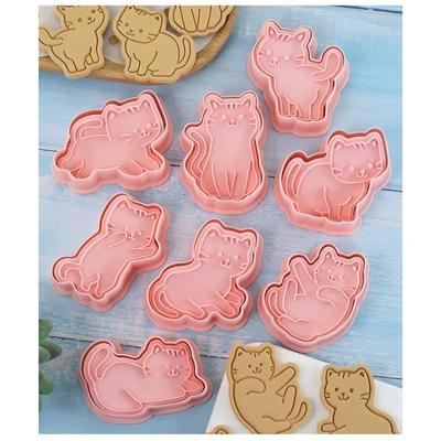 8-teiliges Katzen-Plätzchenformen-Set, Cartoon-Katzenform, Keksstempel, Fondant-Kuchen-Dekorationswerkzeuge, 3D-Handdruck, Kunststoff-Keksform