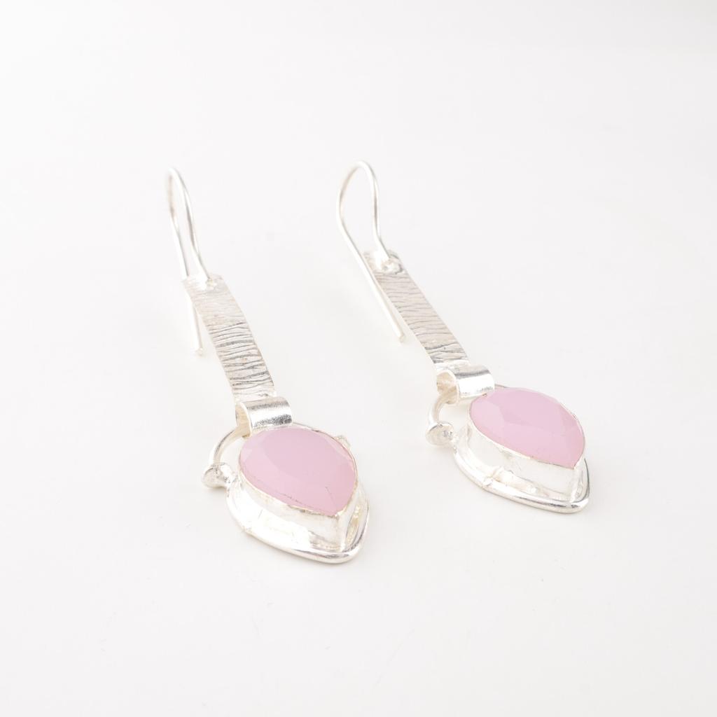 Różowy Chalcedon Kamień Szlachetny Srebro Próby 925 Biżuteria Ręcznie Robione Wiszące Kolczyki 2,3" EE-166-15