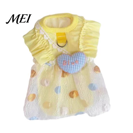 Polka Dot Pet Skirt Ruffled Dress, Puppy Dress with Plaid Heart, Cute Dog Charming Outfit Princess D Ring, Breathable Summer for Small Dogs Cats XS