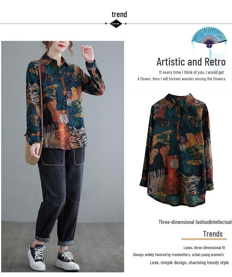 Dámská retro květinová košile s dlouhým rukávem a čtvercovým výstřihem nadměrné velikosti na jaro/podzim 2024