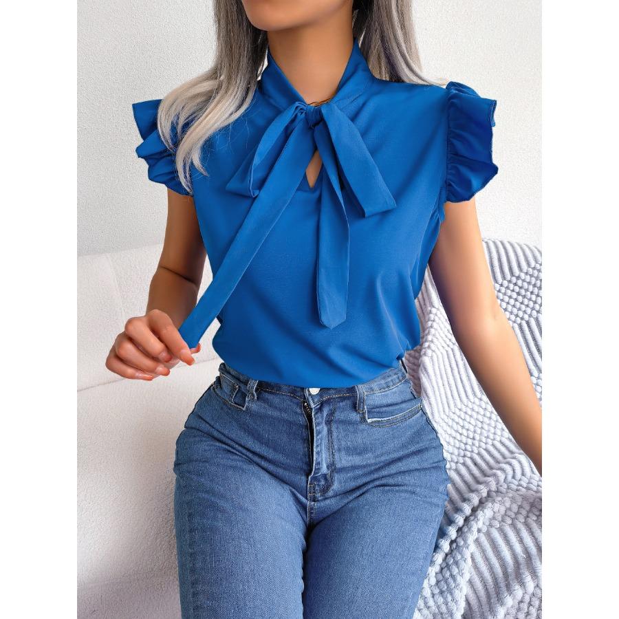 

2026 Spring Summer Elegant Lace Up Butterfly Bow Tie Blouse Women Office Ruffles Hem Shirts XL синій